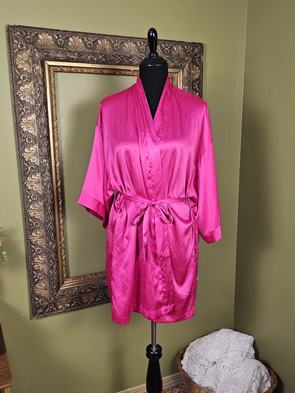 Victoria's Secret Hot Pink Satin Kimono Robe Belted One Size Lingerie